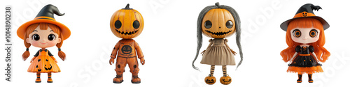 Obraz na płótnie Set of cute doll 3D volumetric doll, Funko Pop, Halloween costume on a transparent background w salonie