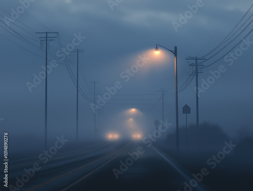 Misty Drive: A Foggy Highway at Dawn with Low-Hanging Mist