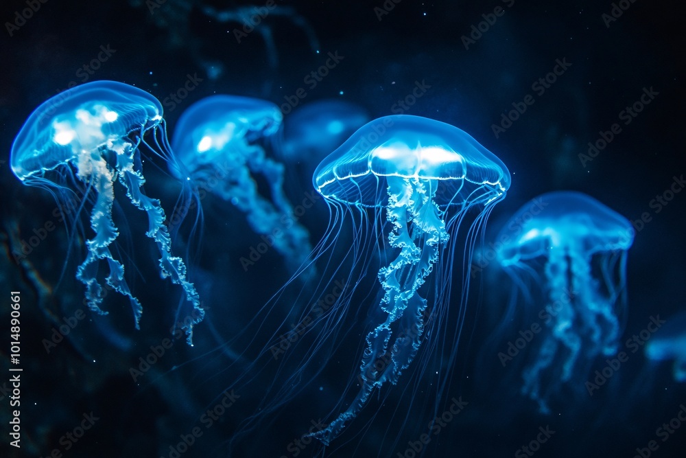group of bioluminescent jellyfish in the dark ocean, glowing with blue light. group of bioluminescent jellyfish in the dark ocean, glowing with blue light.