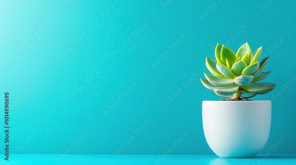 A vibrant succulent plant in a white pot against a turquoise background, perfect for adding a touch of modern elegance and natural beauty to any indoor space. A vibrant succulent plant in a white pot against a turquoise background, perfect for adding a touch of modern elegance and natural beauty to any indoor space.