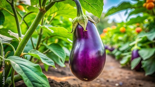 Purple organic eggplant growing in a vibrant garden, eggplant, organic, purple, nature background