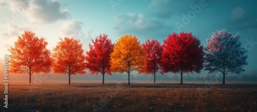 Seven trees with vibrant fall foliage, against a blue sky and white clouds.