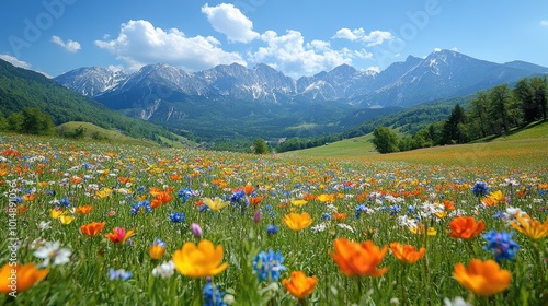 Scenic view of a flower field with mountains in the background, shot from a distance, emphasizing the beauty of the landscape 