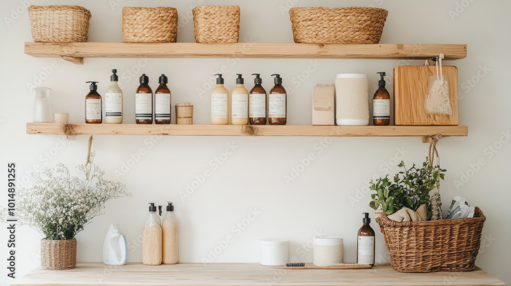 A beautifully organized shelf displays an array of natural skincare products, woven baskets, and decorative elements, creating serene and inviting atmosphere A beautifully organized shelf displays an array of natural skincare products, woven baskets, and decorative elements, creating serene and inviting atmosphere