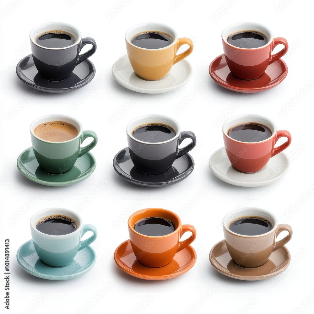 A set of espresso cups, coffee serving ware, small ceramic cups with saucers, isolated on white background A set of espresso cups, coffee serving ware, small ceramic cups with saucers, isolated on white background