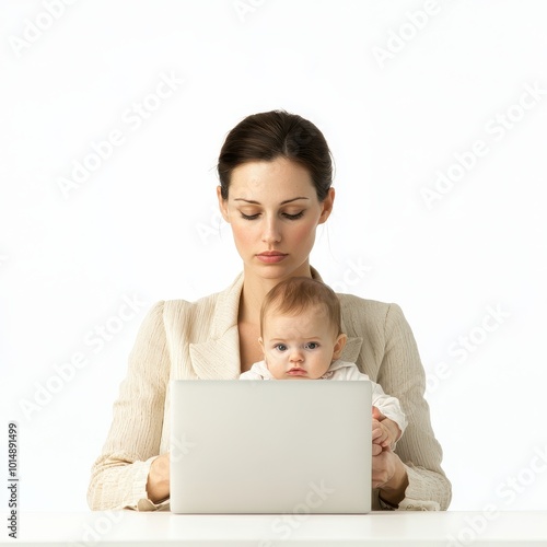 A mother carrying a baby while working, multitasking moment, focused but nurturing, isolated on white background