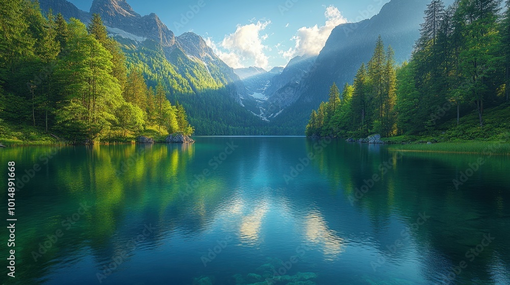 Scenic view of a mountain lake surrounded by forests, captured from an elevated perspective, highlighting the beauty of nature Scenic view of a mountain lake surrounded by forests, captured from an elevated perspective, highlighting the beauty of nature