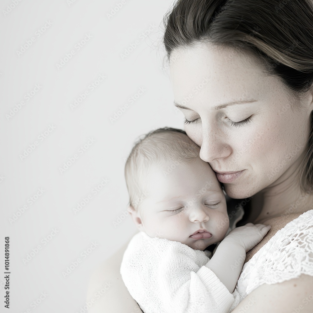 A mother cradling a newborn, soft and delicate embrace, both looking at each other, isolated on white background