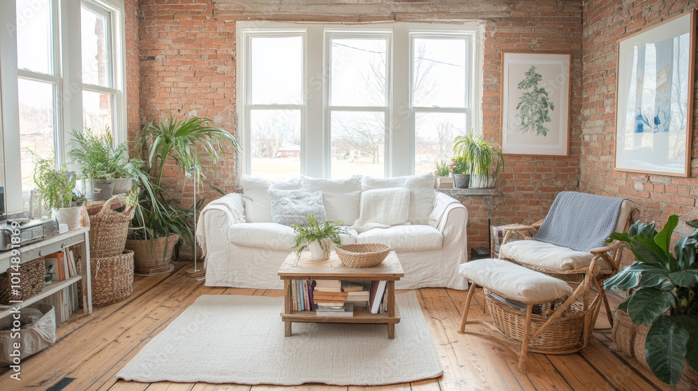 Fototapeta premium Cozy living room with white sofa, natural light, and brick walls, featuring plants and wooden coffee table. serene space for relaxation and comfort