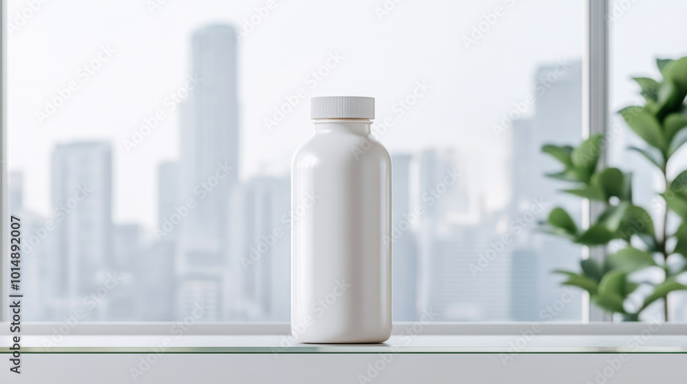 A clean, white bottle stands prominently on shelf, with blurred city skyline in background. modern setting evokes sense of freshness and simplicity, perfect for showcasing products A clean, white bottle stands prominently on shelf, with blurred city skyline in background. modern setting evokes sense of freshness and simplicity, perfect for showcasing products