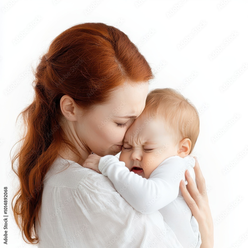 A parent comforting a crying baby, calming embrace, soft and caring posture, isolated on white background A parent comforting a crying baby, calming embrace, soft and caring posture, isolated on white background