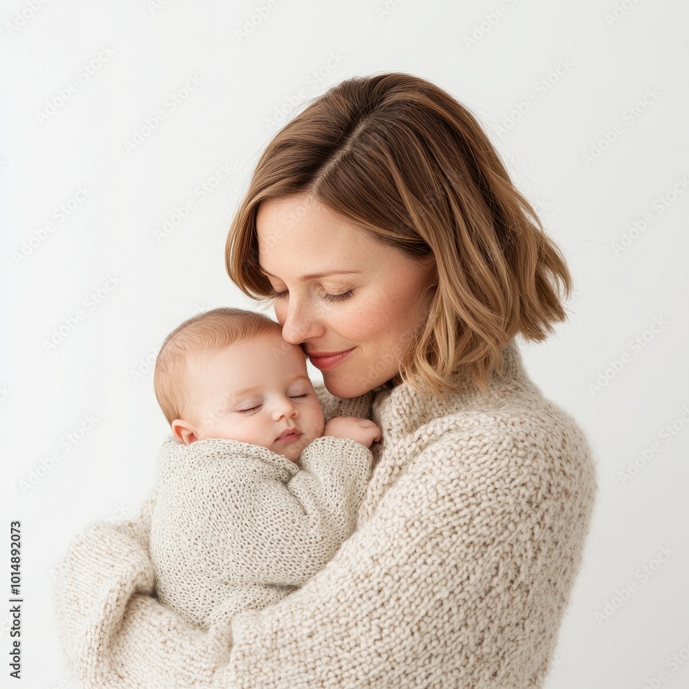 A mother cradling a newborn, soft and delicate embrace, both looking at each other, isolated on white background A mother cradling a newborn, soft and delicate embrace, both looking at each other, isolated on white background
