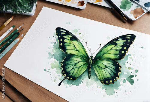 A beautifully illustrated butterfly with vibrant green wings, featuring intricate patterns.