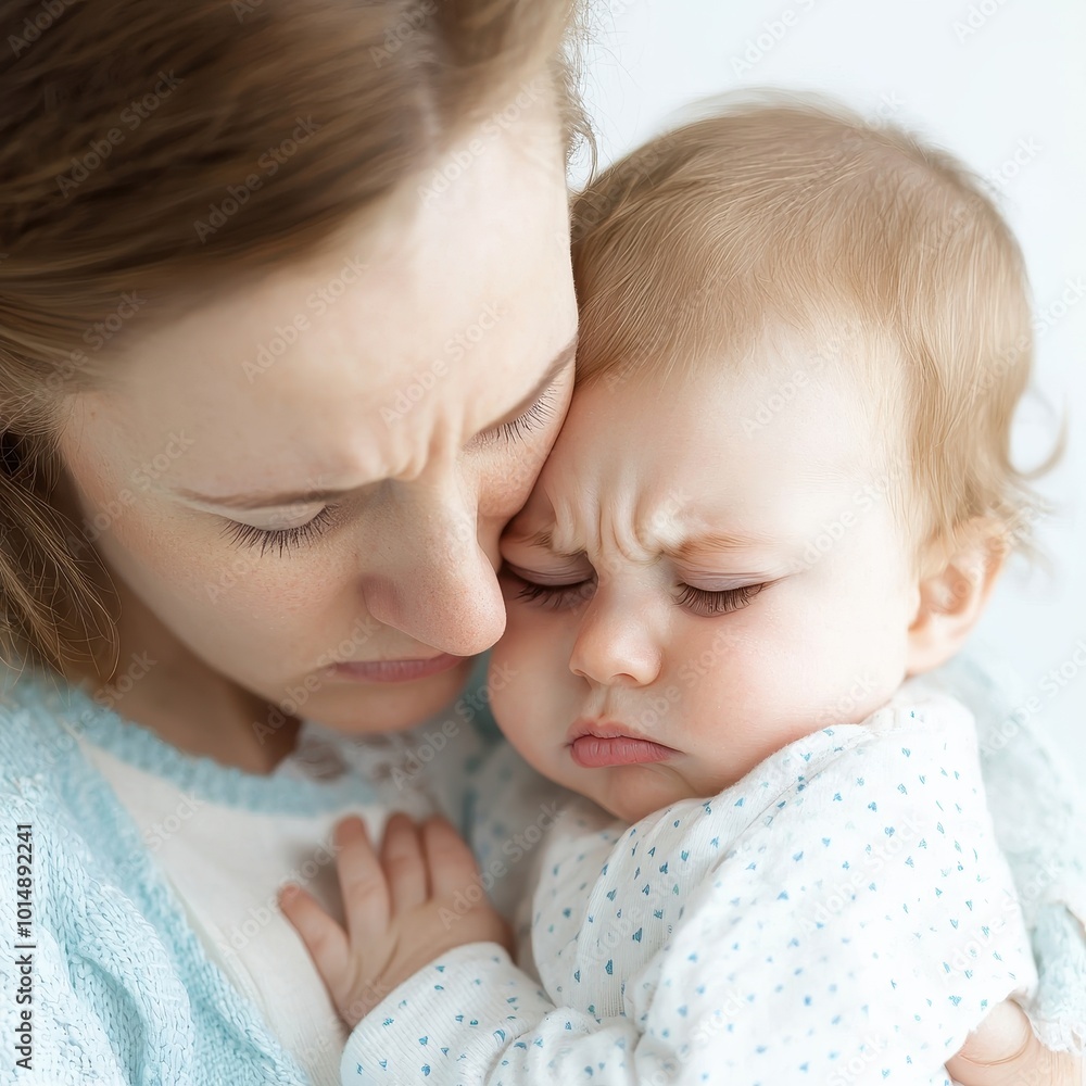 A parent comforting a crying baby, calming embrace, soft and caring posture, isolated on white background A parent comforting a crying baby, calming embrace, soft and caring posture, isolated on white background