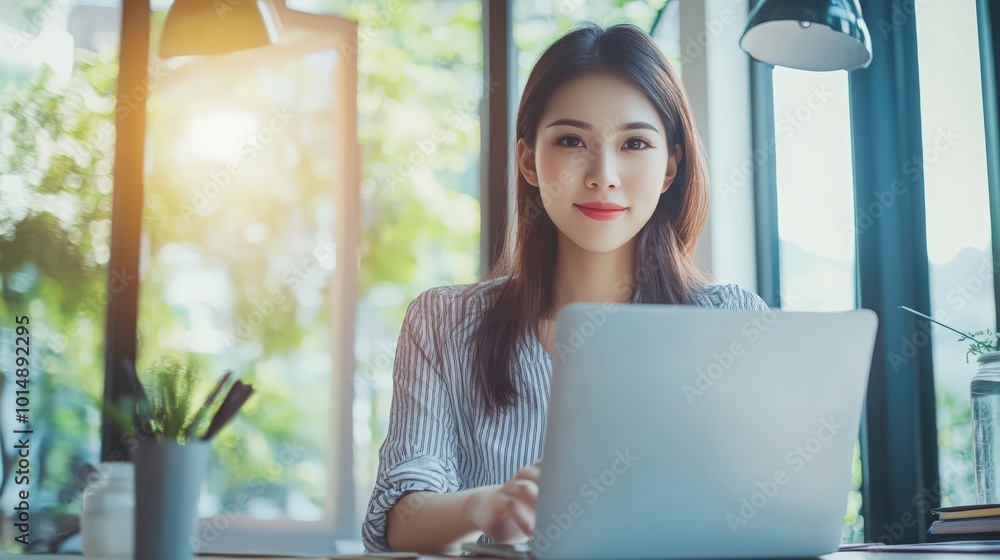 Portrait of a cheerful Asian businesswoman using a laptop and writing on a charger to keep notes as a base Analyze, and gather thoughts and ideas happily in her office. Portrait of a cheerful Asian businesswoman using a laptop and writing on a charger to keep notes as a base Analyze, and gather thoughts and ideas happily in her office.