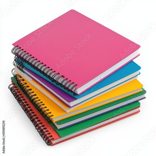 A stack of notebooks, school supplies, spiral-bound with colorful covers, isolated on white background photo