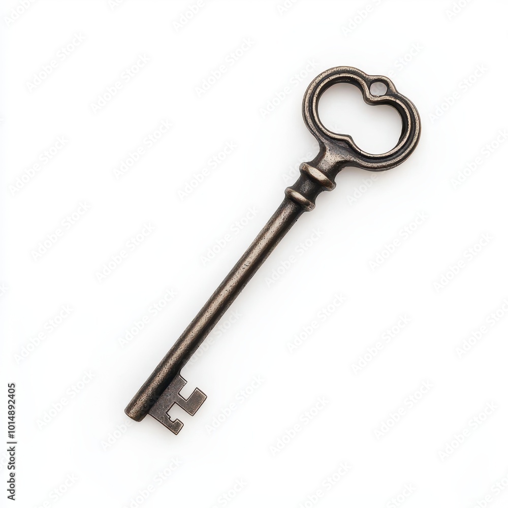 A skeleton key, traditional design, long metal shaft with a round bow, isolated on white background A skeleton key, traditional design, long metal shaft with a round bow, isolated on white background