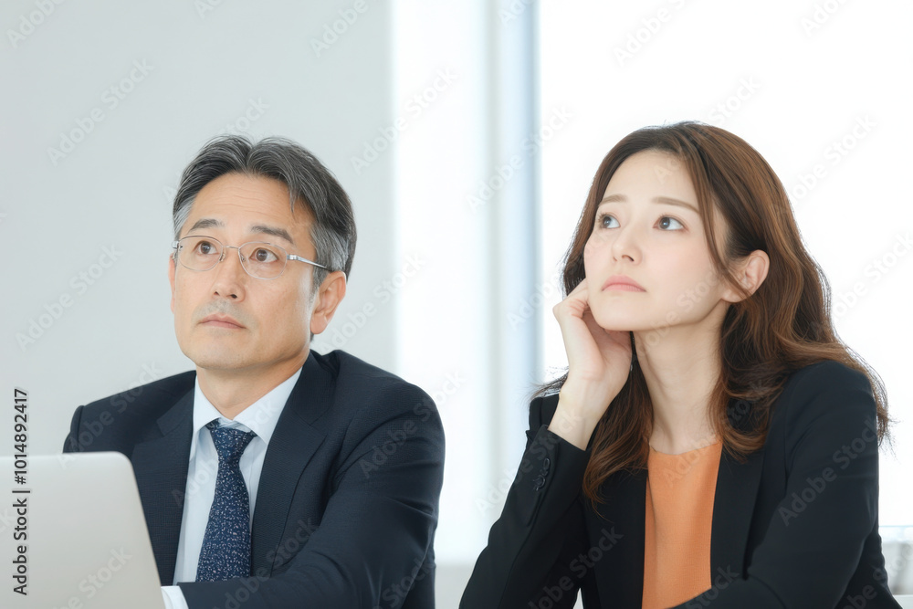 Japanese business person, a man and a woman, are thinking about something while looking at the laptop in front of them. They are wearing black suits, and the background is a bright office setting. Japanese business person, a man and a woman, are thinking about something while looking at the laptop in front of them. They are wearing black suits, and the background is a bright office setting.