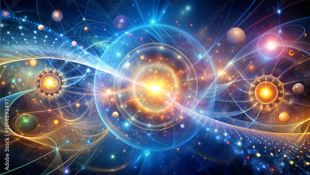 Fototapeta premium Abstract cosmic background with swirling energy and glowing orbs for inspirational designs