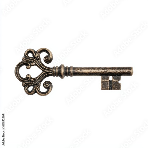 A decorative vintage key, ornate design with intricate floral patterns, isolated on white background