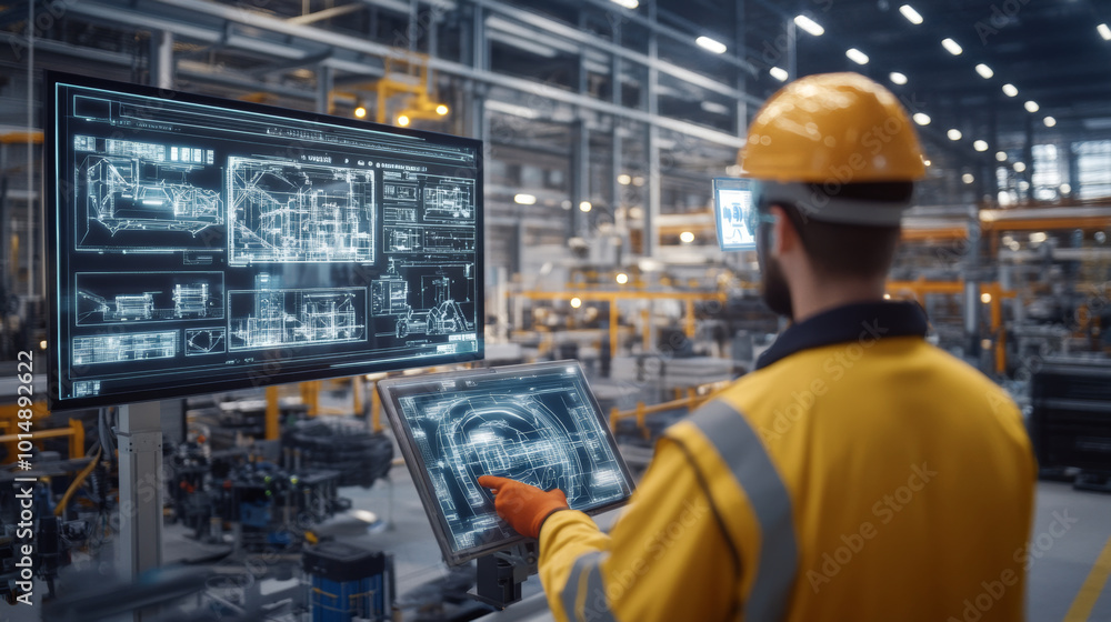 A worker in hard hat and safety gear analyzes digital blueprints on large screens in modern industrial setting, showcasing advanced technology and engineering A worker in hard hat and safety gear analyzes digital blueprints on large screens in modern industrial setting, showcasing advanced technology and engineering