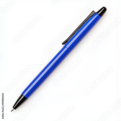 A ballpoint pen, stationary element, retractable design with blue ink, isolated on white background