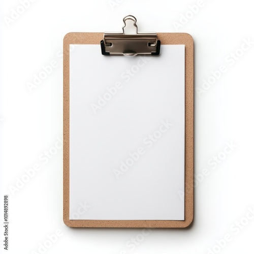 A clipboard, stationary item, wooden board with metal clip, isolated on white background