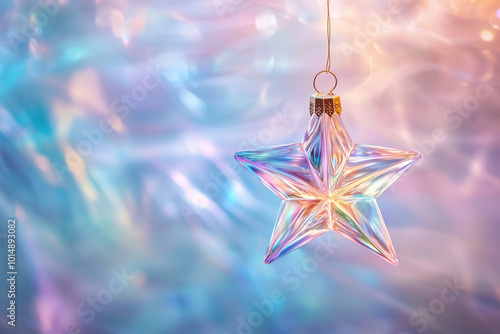 Shimmering Holographic Christmas Star Hanging from a Rainbow-Hued Ceiling, Perfect for Modern Holiday Designs photo