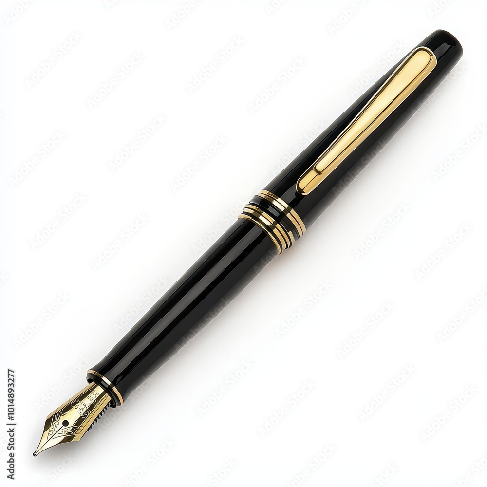 A fountain pen, stationary item, classic black with gold accents and open nib, isolated on white background A fountain pen, stationary item, classic black with gold accents and open nib, isolated on white background