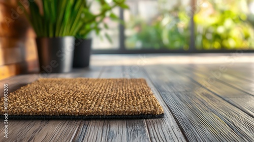 A charming entrance mat lies on a wooden floor, inviting warmth and comfort to any home. Bright greenery in the background enhances the serene ambiance.