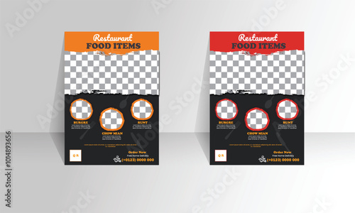 Fast food restaurant items business marketing social media post or web banner template design with abstract background, logo and icon. Fresh burger, chow main & runt flyer poster.
