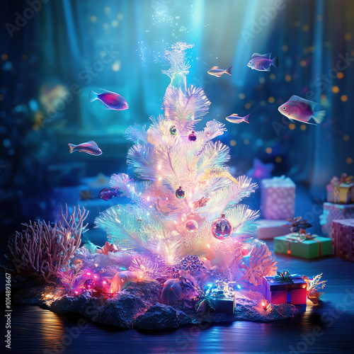 Vivid Holographic Coral Reef and Fish in an Underwater Christmas Scene with Sparkling Holiday Lights and Marine Fantasy Vibes photo