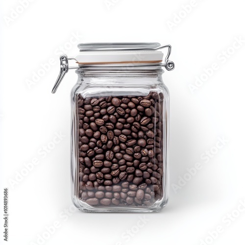 A coffee bean jar, storage container, glass with airtight lid, isolated on white background