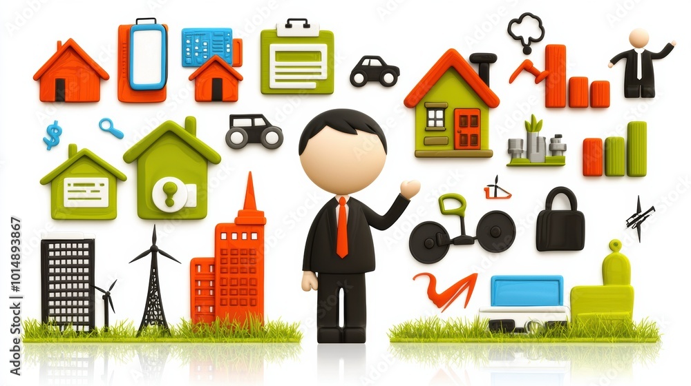 Businessman with Icons of Growth and Industry Elements Businessman with Icons of Growth and Industry Elements