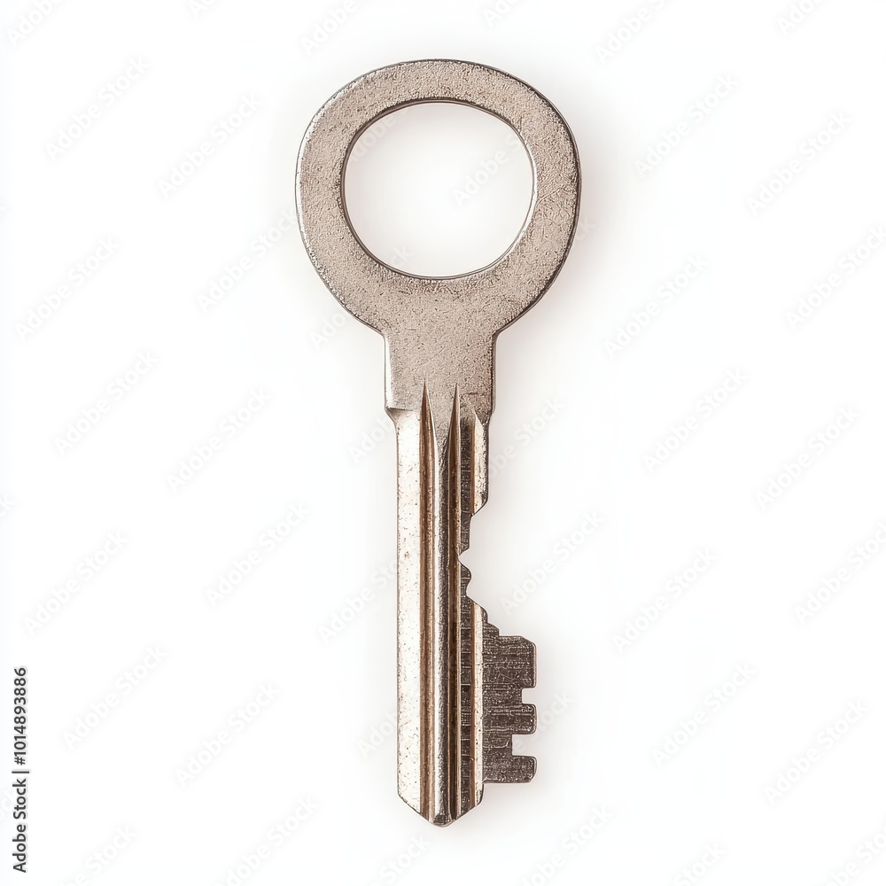 A padlock key, small and simple design, metallic with a rounded head, isolated on white background A padlock key, small and simple design, metallic with a rounded head, isolated on white background