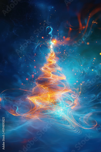 Futuristic Christmas Tree Design with Holographic Fractals and Bright Rainbow Light Patterns in a Digital Abstract Style photo