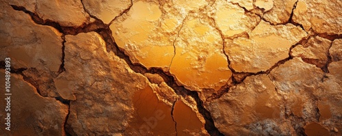 A close-up view of dry, cracked earth, showcasing intricate patterns and rich warm tones. This texture embodies the beauty of barren landscapes and the effects of arid conditions.