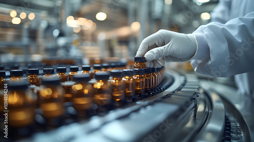 In the food and medical industry, there is an employee wearing a white lab coat and gloves, diligently working in a sterile environment, highlighting the importance of hygiene and safety in food prepa photo