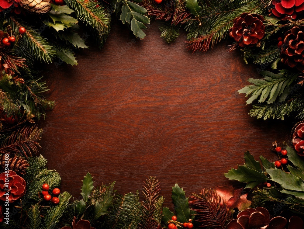 A beautiful arrangement of holiday greenery, including pine, holly, and pinecones, encircles a wooden table, perfect for festive decorations or seasonal celebrations. A beautiful arrangement of holiday greenery, including pine, holly, and pinecones, encircles a wooden table, perfect for festive decorations or seasonal celebrations.