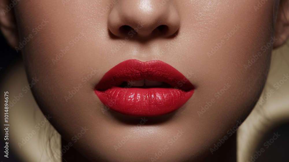 A close-up of a woman's attractive lips with red lipstick. A close-up of a woman's attractive lips with red lipstick.