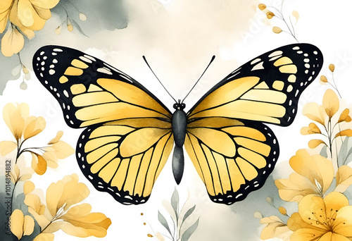 A beautifully illustrated butterfly with vibrant yellow wings, featuring intricate patterns.