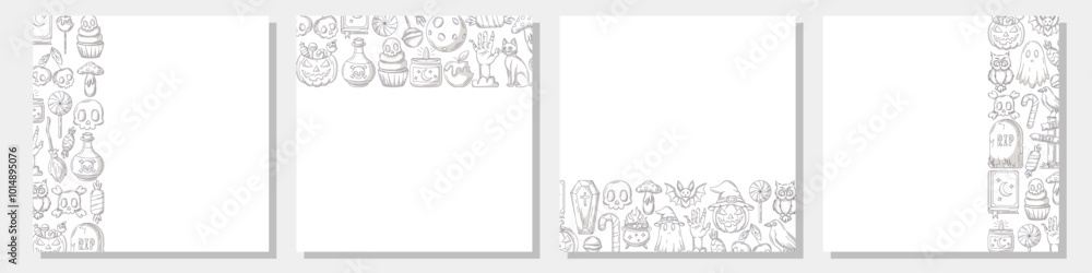 Set of vector halloween square posters, space for text. Monochrome upper, bottom, sides border frame with spooky and scary elements. For postcard, banner, invitation, social media, party or planner. Set of vector halloween square posters, space for text. Monochrome upper, bottom, sides border frame with spooky and scary elements. For postcard, banner, invitation, social media, party or planner.