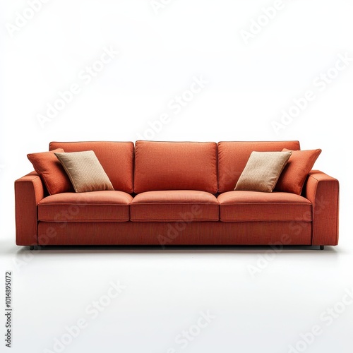 A modern sofa, living room furniture, L-shaped with fabric upholstery, isolated on white background