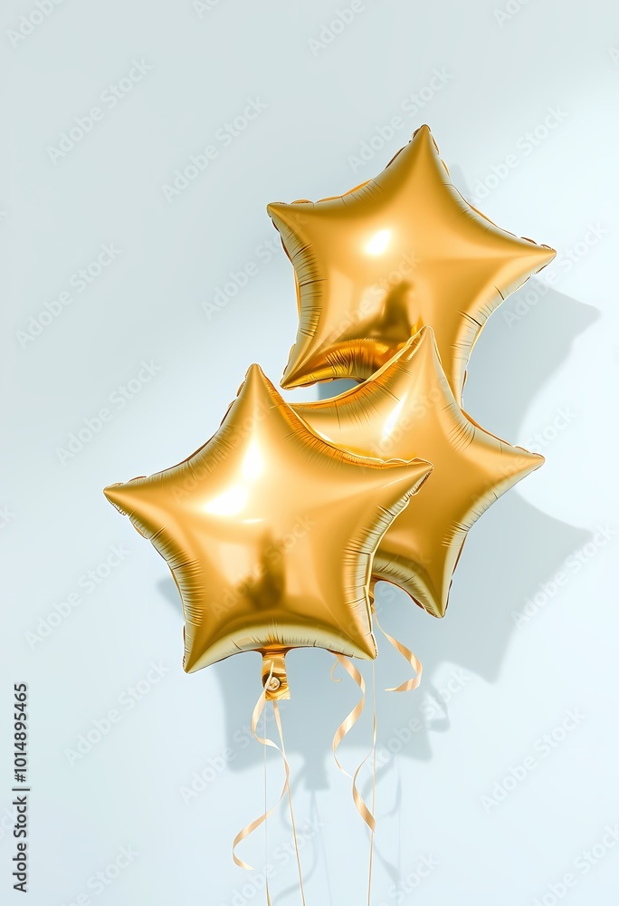 Pair of Shiny Gold Star Balloons with Soft Shadows on Pastel Blue Background Pair of Shiny Gold Star Balloons with Soft Shadows on Pastel Blue Background