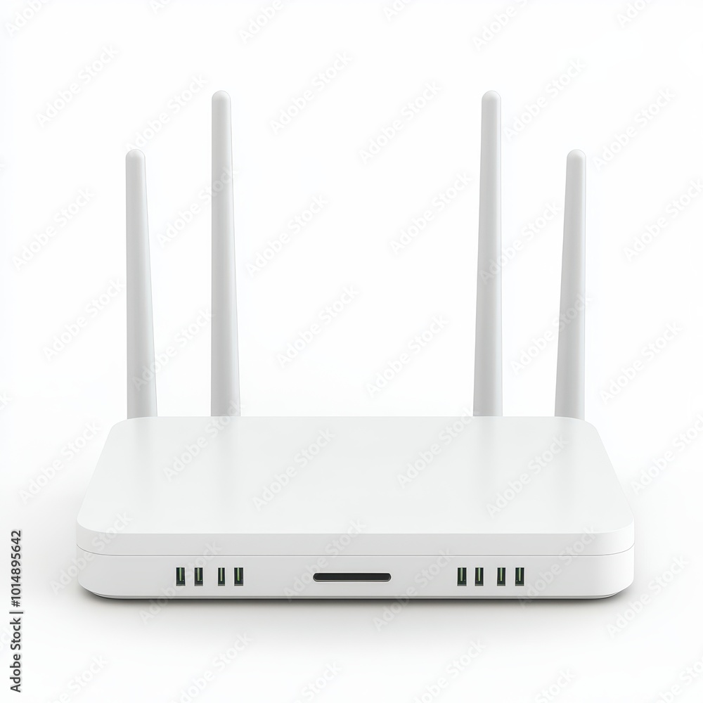 A Wi-Fi router, electronic device, modern design with multiple antennas, isolated on white background A Wi-Fi router, electronic device, modern design with multiple antennas, isolated on white background