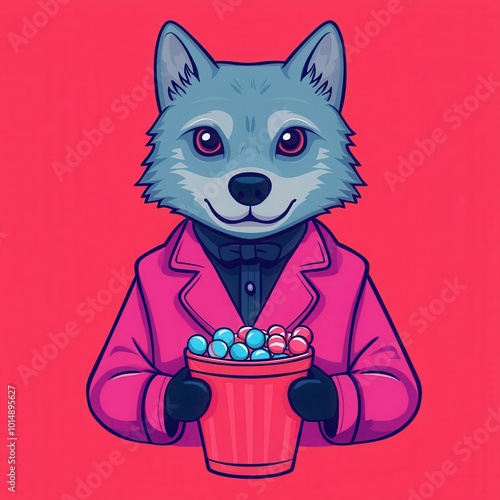 A cartoon wolf character wearing a pink suit and bowtie, holding a bucket of colorful candies, set against a vibrant pink background. photo