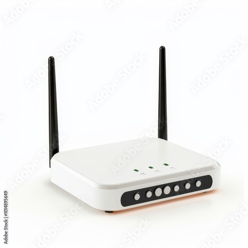 A Wi-Fi router, electronic device, modern design with multiple antennas, isolated on white background