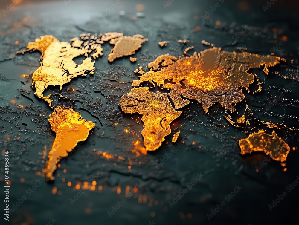 A textured world map in gold, embossed on a dark, metallic surface. The continents are highlighted with a fiery glow. A textured world map in gold, embossed on a dark, metallic surface. The continents are highlighted with a fiery glow.