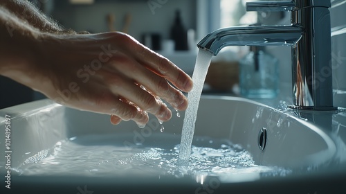 Man Washing Hands in Bathroom Sink at Home photo