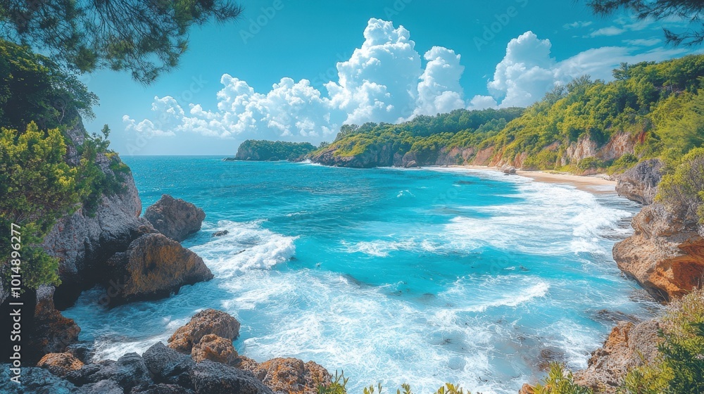 Scenic view of a rocky shoreline with waves, viewed from a distance, showcasing the beauty of the ocean Scenic view of a rocky shoreline with waves, viewed from a distance, showcasing the beauty of the ocean